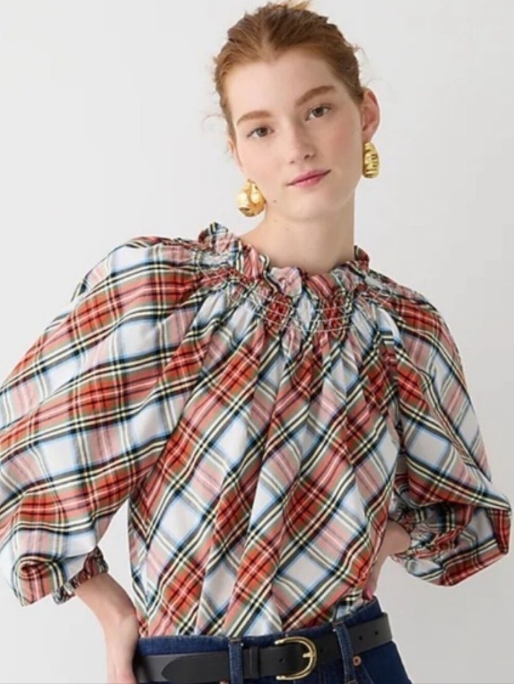 J. Crew Plaid Blouse Smocked-neck Cotton Poplin Snowy Stewart Tartan Women Small